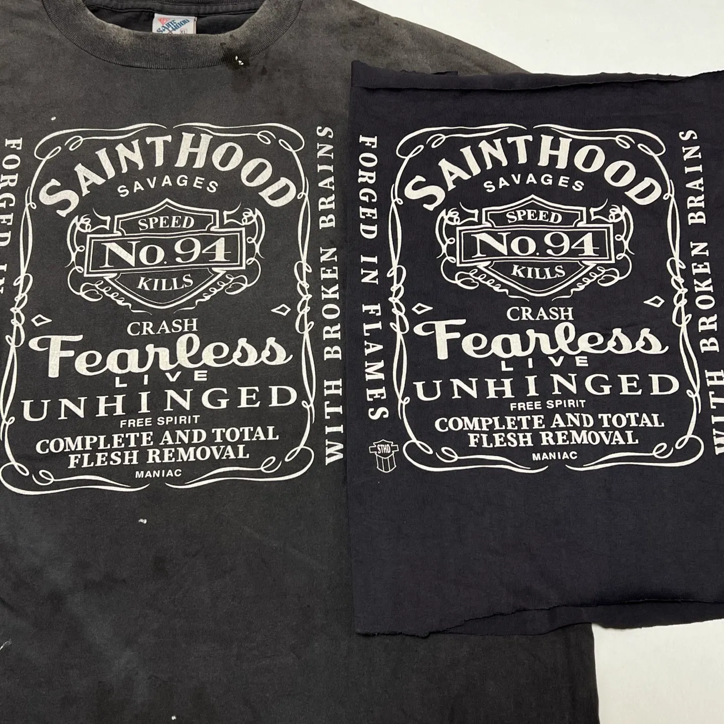 Printing proofing SAINT Mxxxxxx × NEIGHBORHOOD STHD . SS TEE FEARLESS/BLK NBHD Takizawa Shinsuke joint model Whiskey label/love skull angel distressed short sleeves Wash black S-XL Tube weaving fabric without side seams Ready-to-wear Assute dyeing Custom-woven NBHD joint main mark washed mark The real correct version Top-level printing process restoration Distressed treatment